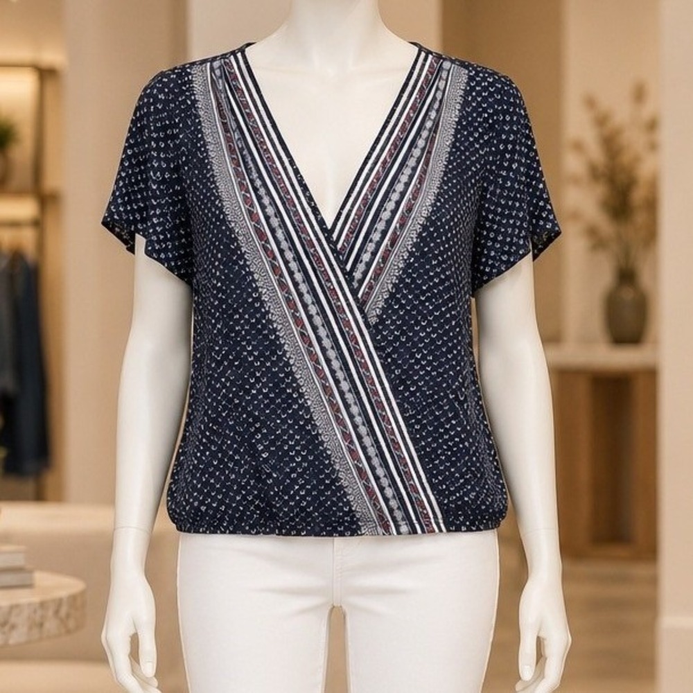 Lucky Brand Womens Wrap Front Top Navy Blue Mixed Geometric Print Large